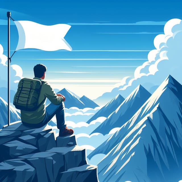 Hiker on mountain peak with flag